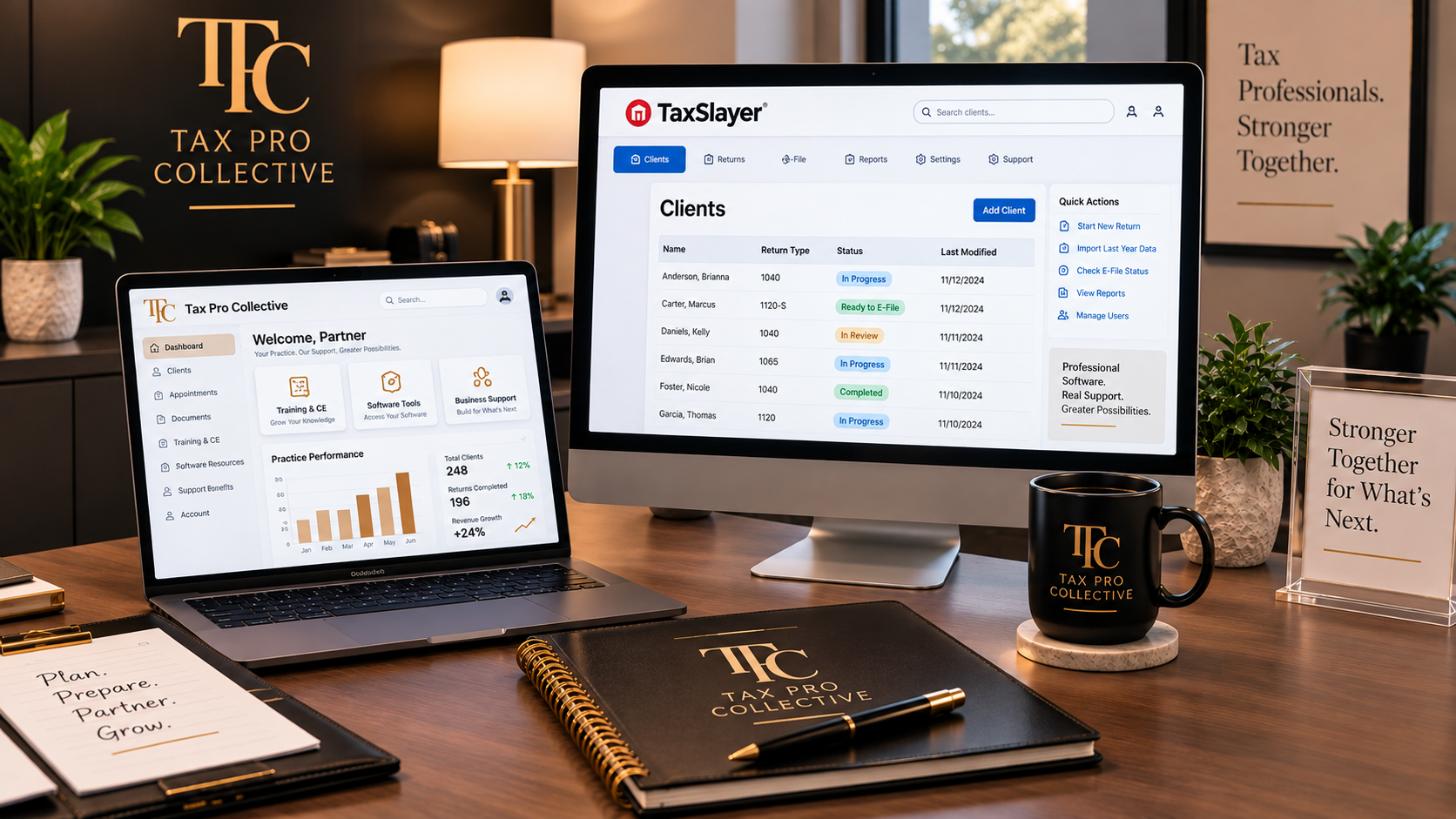 Tax Pro Collective software workstation with laptop and TaxSlayer screen