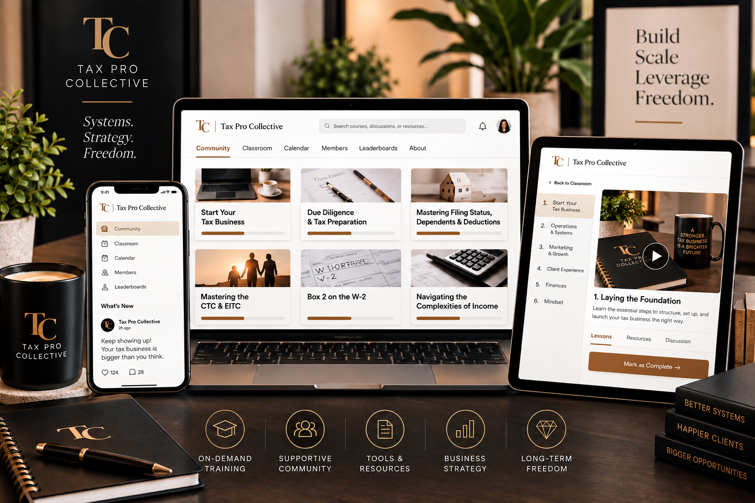 Tax Pro Collective community platform showing courses, classroom, and lesson content
